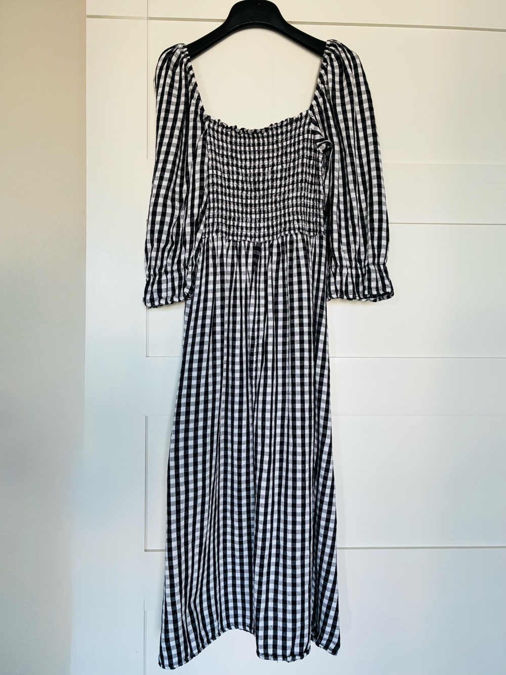 New Look US 4 UK 8 Black & White Gingham Smocked Midi Dress